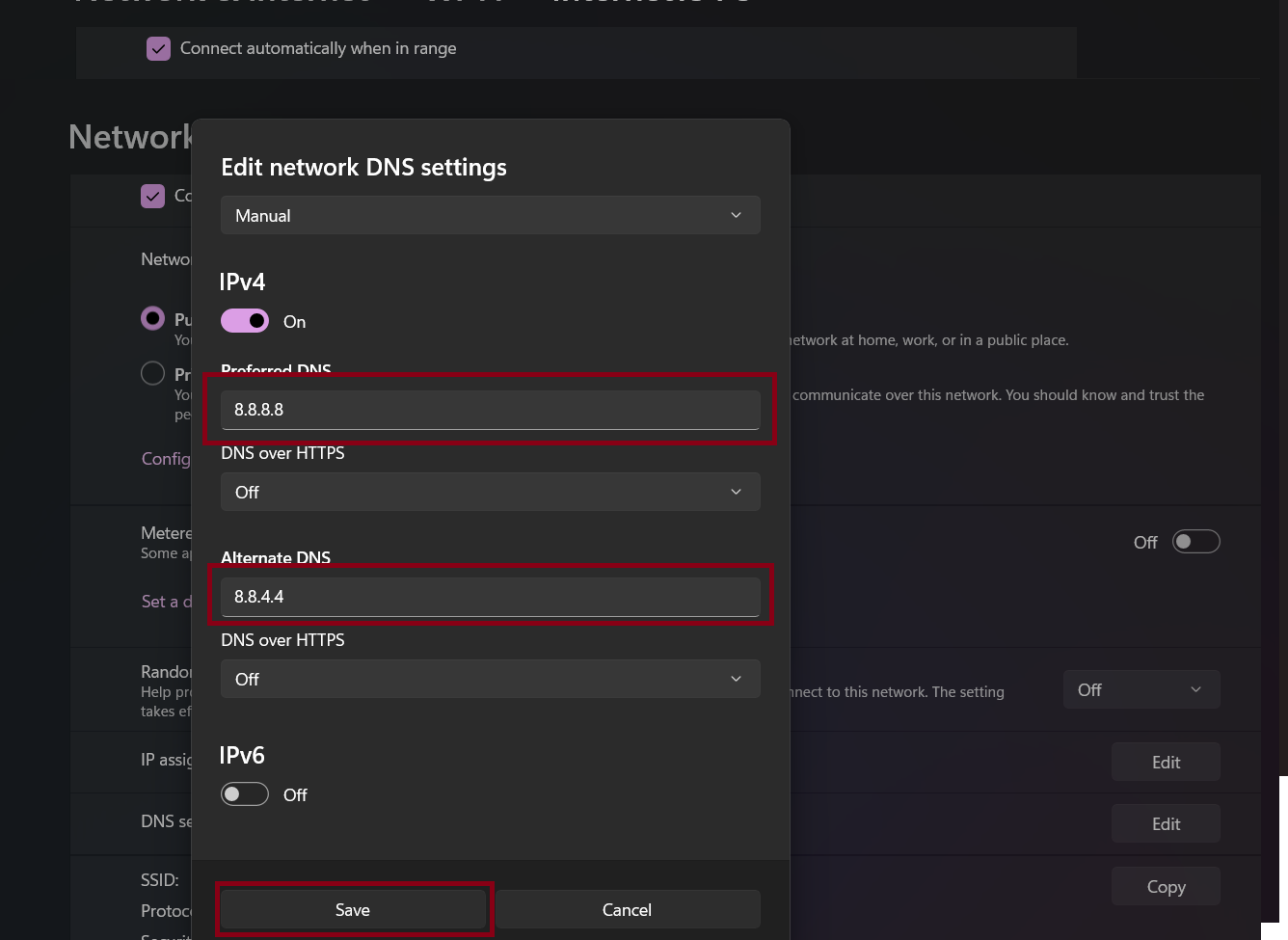 Turn On IPv4 and Set Google DNS